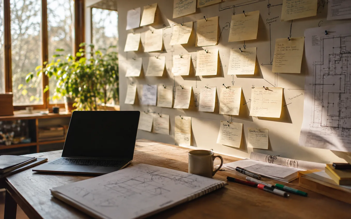 A project room mid-job: a laptop on the desk, and a wall of paper notes with lines drawn between them.