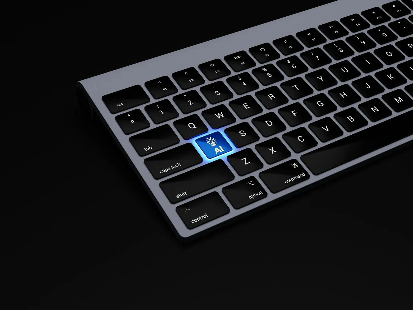 A keyboard in the dark with one key lit.